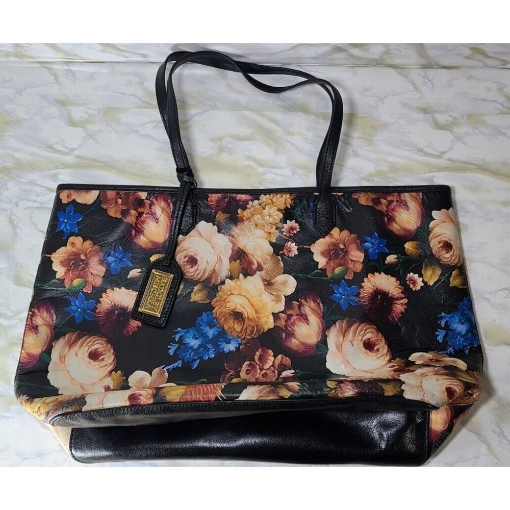 Badgley Mischka Victoria Large Tote Bag Purse Genuine Leather Black Floral